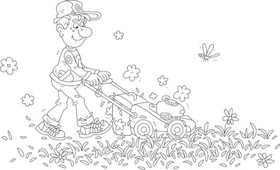 Fototapeta na wymiar Funny boy lawnmower with a grass-cutter tending his summer lawn, black and white outline vector cartoon illustration for a coloring book