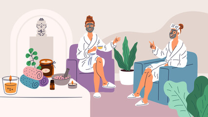 Girlfriends relax in spa. Women take skin care. People make cosmetic mask. Friends drinking herbal tea and having friendly conversation. Girls resting in armchairs. Garish vector concept