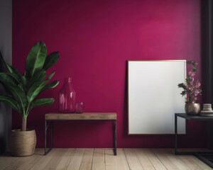 A closeup of a magenta wall in a minimalist interior featuring an empty poster frame. Trendy color of 2023 Viva Magenta.. AI generation.