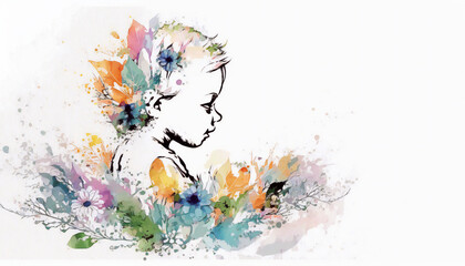 Baby Surrounded by Blooming Flowers, isolated on white background - watercolor style illustration background by Generative Ai
