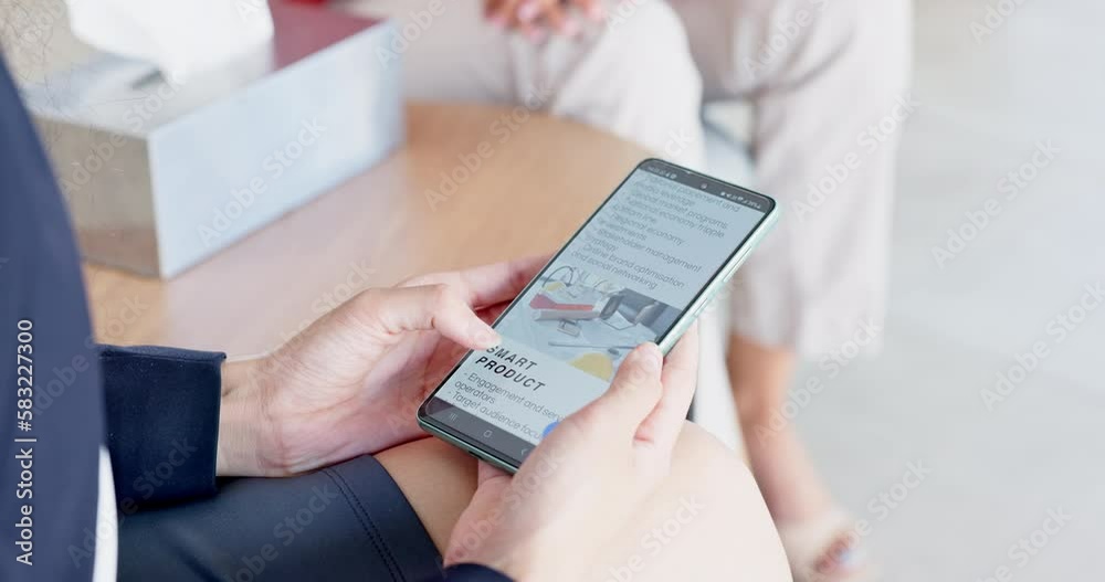 Poster Phone screen, website and hands scroll or people with clients review, about us and digital marketing services. Web design, information and faq page of business person on cellphone or user mobile app