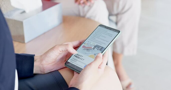 Phone screen, website and hands scroll or people with clients review, about us and digital marketing services. Web design, information and faq page of business person on cellphone or user mobile app