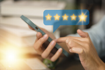 Five star customer satisfaction rating review. Service quality survey leading to business reputation ratings, five stars. Product and Service Satisfaction Survey, Customer Satisfaction Score.