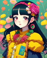 Cute anime girl in yellow dress dark hair with flowers fantasy illustration, generative ai.