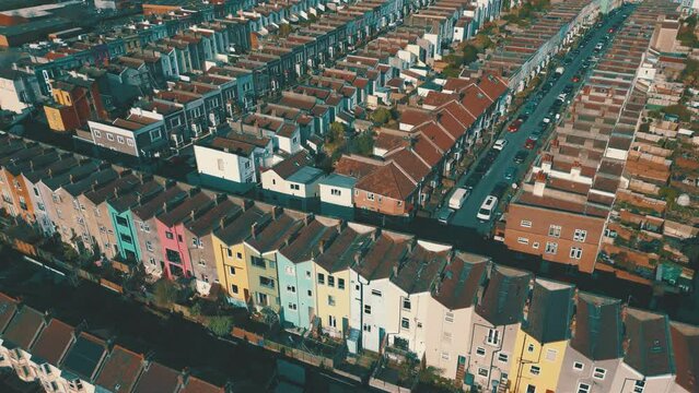 Aerial view of rows of multi-coloured terraced Victorian houses in the city of Bristol, UK