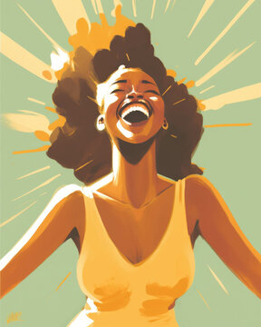 A Young Black Woman Closing Her Eyes And Throwing Her Head Back With Her Hands In The Air Laughing In Delight As The Sun Warms Her. AI Generation.