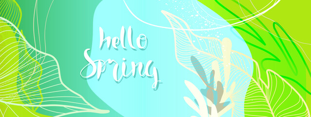 Rectangular vegetal light yellow, blue and green background with tropical leaves and abstract shapes. Banner with the inscription "hello Spring".
