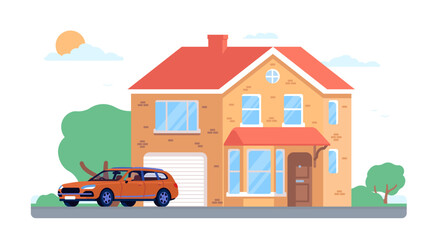 House facade. Cottage with garage. Mansion and car. Real estate. Residential building. Vehicle in front of home. City landscape. Village residence. Urban architecture. Vector concept
