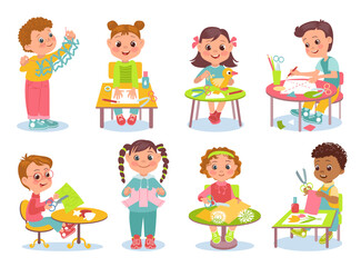 Kids paper craft. Children make decorations. Boys and girls glue applications of colored pages. Origami and garlands. Cut and paste sheets. Students sitting at tables. Splendid vector set