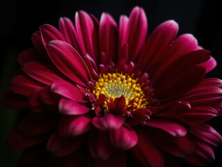 Rich magenta and maroon tones illuminating the center of a vibrant daisy in a close up. Trendy color of 2023 Viva Magenta.. AI generation.