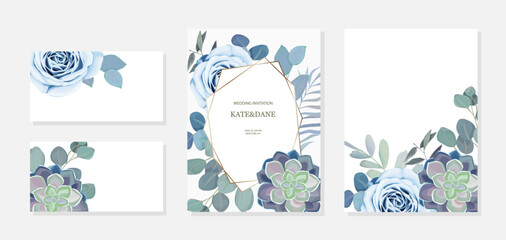 Set of floral cards with cactus, eucalyptus, gold elements and blue rose. Vector illustration with flowers on white background for wedding, greeting cards