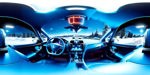 Fototapeta na wymiar Photo of a futuristic car interior with a stunning view of snowy landscape