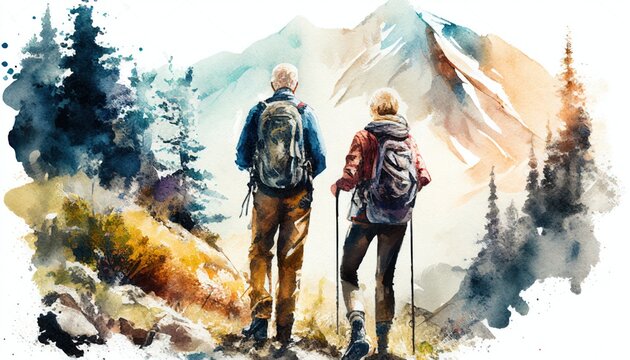 Happy Senior Couple of hikers on trail in mountains. Active age, family traveling, lifestyle concept. Watercolor digital painted illustration isolated on white background.  AI generative