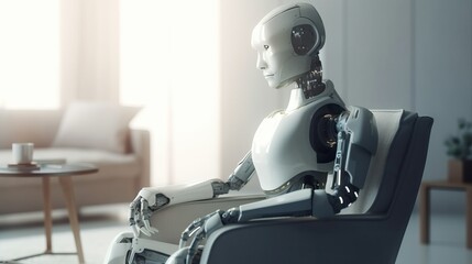 Artificial Intelligence concept. White humanoid robot sitting in an armchair