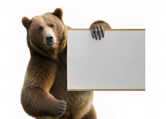 Bear holding blank white billboard, paper, isolated on white background