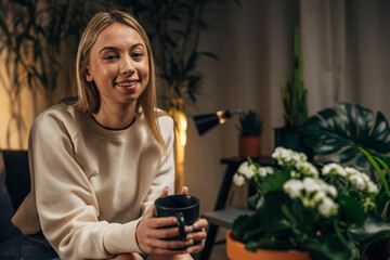 young woman relaxing with cop of coffee at her home