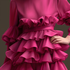 A closeup of a long sleeve magenta dress with ruffles and a tiers skirt. Trendy color of 2023 Viva Magenta.. AI generation.