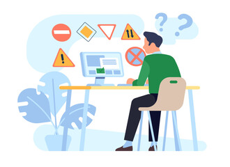Man takes his driving test while sitting behind computer screen. Guy choosing answer in questionnaire. Student at table. Web examination. Person solving quiz. Vector e-learning concept
