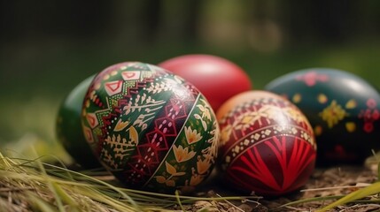 Fototapeta na wymiar Easter eggs with Ukrainian ornament, sitting in the grass