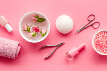 Manicure accessories with roses and towel. Beauty care salon spa.