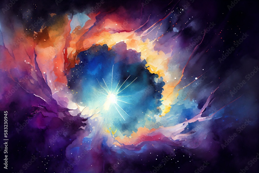 Wall mural watercolor illustration of a birth of a star in space during a nebula explosion. nuclear fusion of c