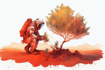 Watercolor Illustration of a Astronaut Plants A Tree On The Red Planet Mars. Generative AI