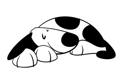Perro blanco y negro sonriendo acostado en forma de rosco descansando feliz en el suelo. Vista de perfil y estilo cartoon.	 - obrazy, fototapety, plakaty