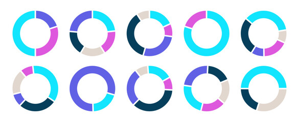 Infographic with circle donut charts. Colorful diagram collection with 1,3,4,5 sections and steps. Pie chart for data analysis and web design. Vector illustration isolated on white background