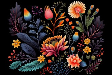 Obraz premium Watercolor Illustration of a Colorful Mexican Floral Pattern On A Black Background. Generative AI
