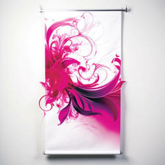 A bright magenta banner featuring a swirled design hanging from a white wall. Trendy color of 2023 Viva Magenta.. AI generation.