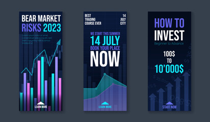 Social media post set for trading schools and courses. Template design collection with candle stick chart graphs and editable text. Vector background with trendy illustrations and neon colors