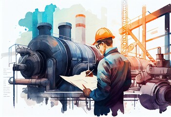 Watercolor Illustration of a Engineer Verify The State Of Work At The Facility, Industrial Zone Steel Pipelines And Valves, Engineer Maintain Power Plan Equipment. Generative AI
