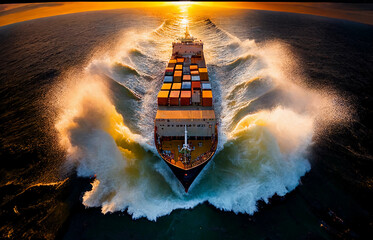 an aerial shot of a cargo ship crossing the ocean, Generative AI