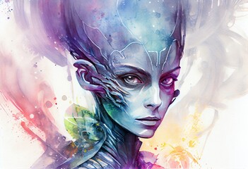 Watercolor Illustration of a Futuristic Cyberpunk Portrait Of An Extraterrestrial Alien. Generative AI