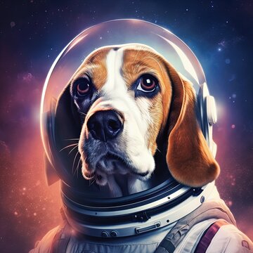 Un chien beagle en tant qu'astronaute dans une combinaison spatiale, avec des &eacute;toiles brillantes et des plan&egrave;tes en arri&egrave;re-plan.