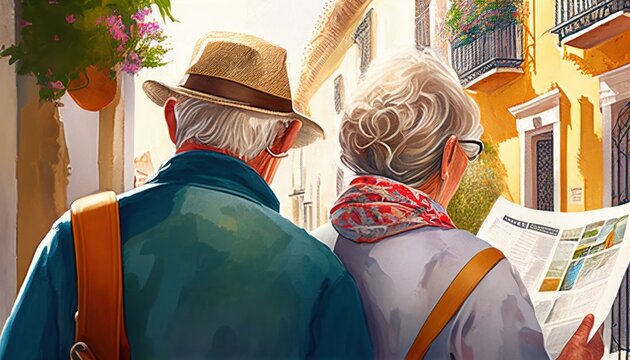 Senior family couple visiting picturesque city street on holiday, reading map sightseeing. Travel and tourism, lifestyle concept, active age. AI generative