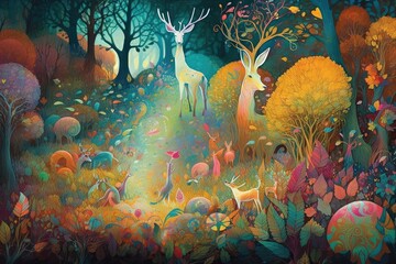 Une forêt enchantée avec des cerfs et beaucoup de fleurs et de plantes avec une ambiance colorée. Idéal comme fond d'écran.