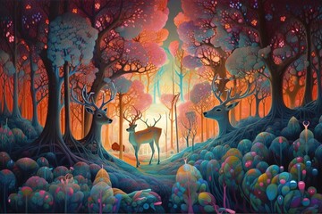 Obraz premium Une forêt enchantée avec des cerfs et beaucoup de fleurs et de plantes avec une ambiance colorée. Idéal comme fond d'écran.