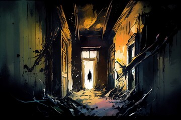 Watercolor Illustration of a The Abandoned Haunted HouseS Dark Hallway Filled With Debris. Illustration. Generative AI