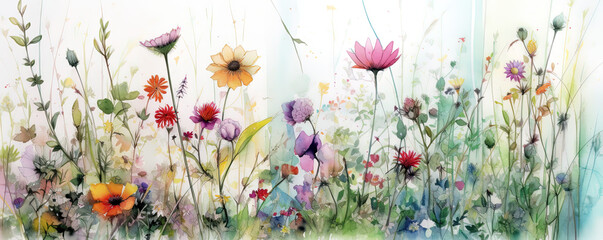 Spring meadow with flowers, summer blossoms, grass, leaves, colorful, bouquet, summer feeling. Generative AI.