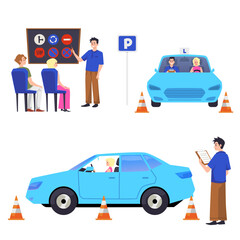 Set of scenes about driving school flat style, vector illustration