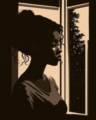 Light and shadow are in perfect balance as a strong determined black woman pauses in her contemplative vi from the side window.. AI generation.