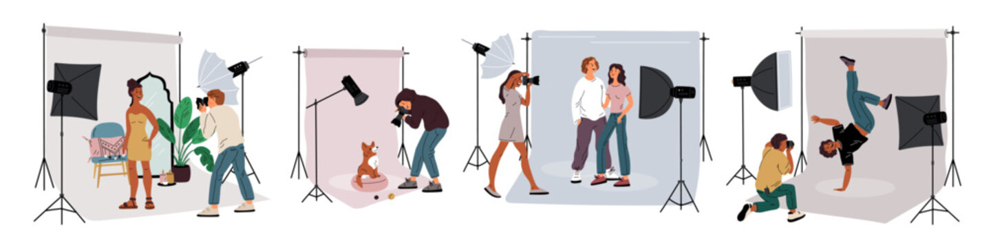 Photographic studio. Photographers shooting pets and people. Cameraman making snapshots. Story and thematic photo shoots. Fashion models pose for frame backstage. Garish vector set