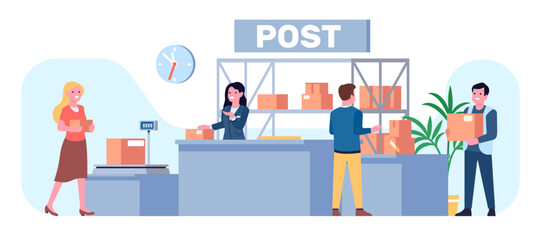 Post office. Parcel pickup and delivery. Cardboard boxes send and receive. Postal service workers. Order packages. Man and woman at reception desk. Packs distribution. Vector concept