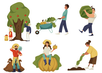 Happy people with freshly harvested fruits and vegetables, flat vector illustration isolated on white background.