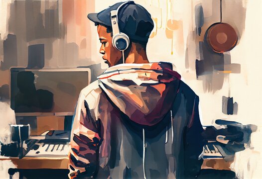 Watercolor Illustration of a A Lofi Hip Hop Music Producer Wearing Headphones And Standing In A Music Studio. Generative AI