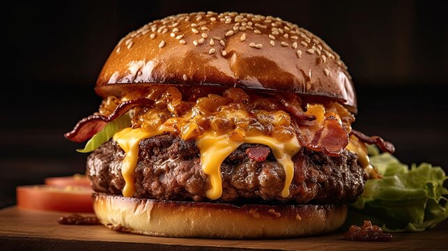 fresh cheeseburger on a table, dark background
