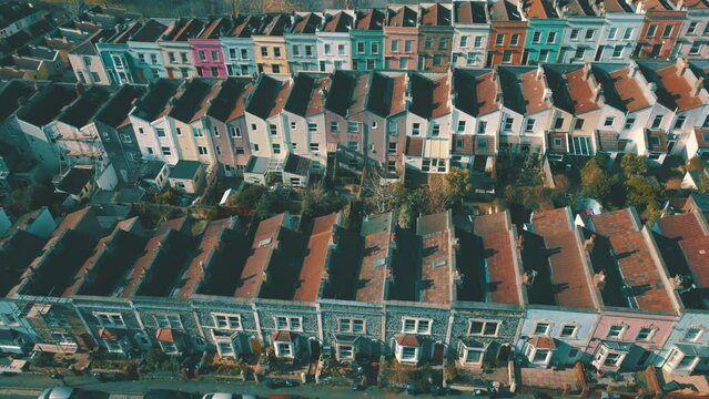 Aerial View Of Rows Of Multi-coloured Terraced Victorian Houses In The City Of Bristol, UK