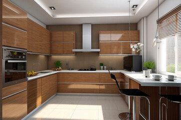 Generative AI illustration of Modern design kitchen furnished in various colors with all appliances and natural light