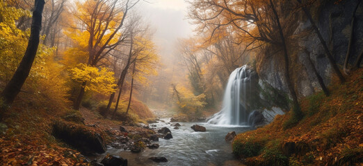 Fototapeta na wymiar Beautiful autumn landscape with yellow trees and waterfall,Generative AI
